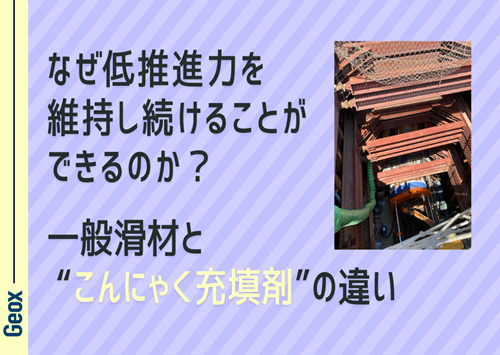 <center>なぜ低推進力を維持し続ける<br>ことができるのか？<br>一般滑材と “こんにゃく充填剤” の違い</center>